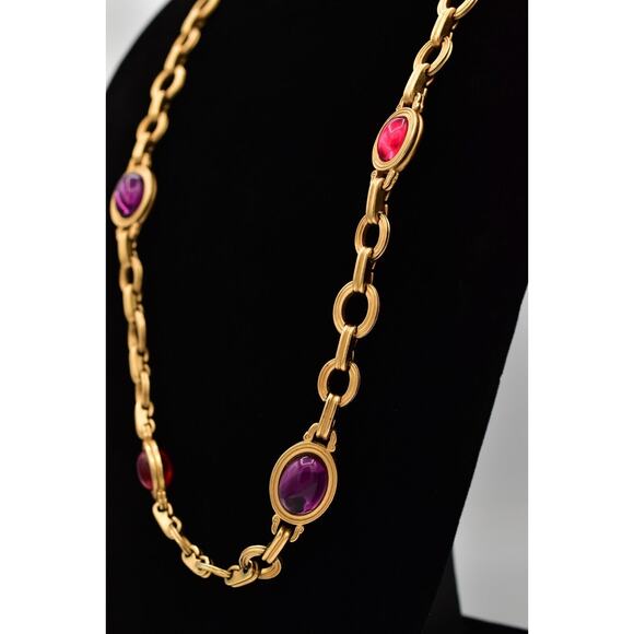 Monet for YSL Vintage Cabochon Necklace Purple Fuchsia Chunky Signed 1980s BinK - Picture 12 of 16